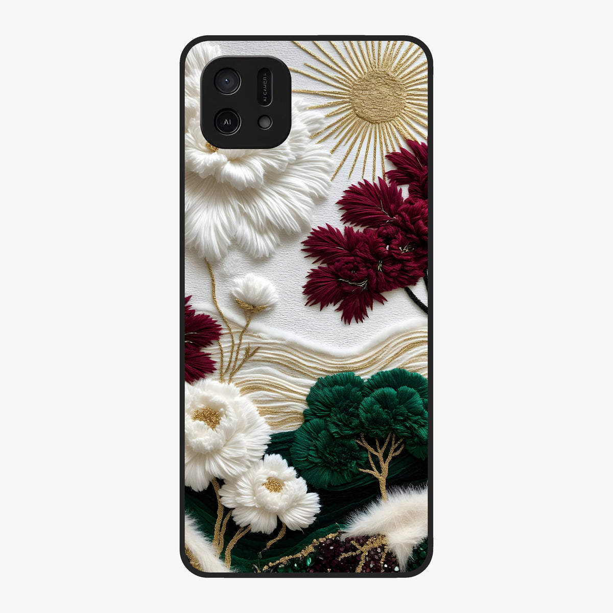 Radiant Bloom Elegance Glass Case showing flat back view with elegant blooming flower artwork and glossy glass finish.