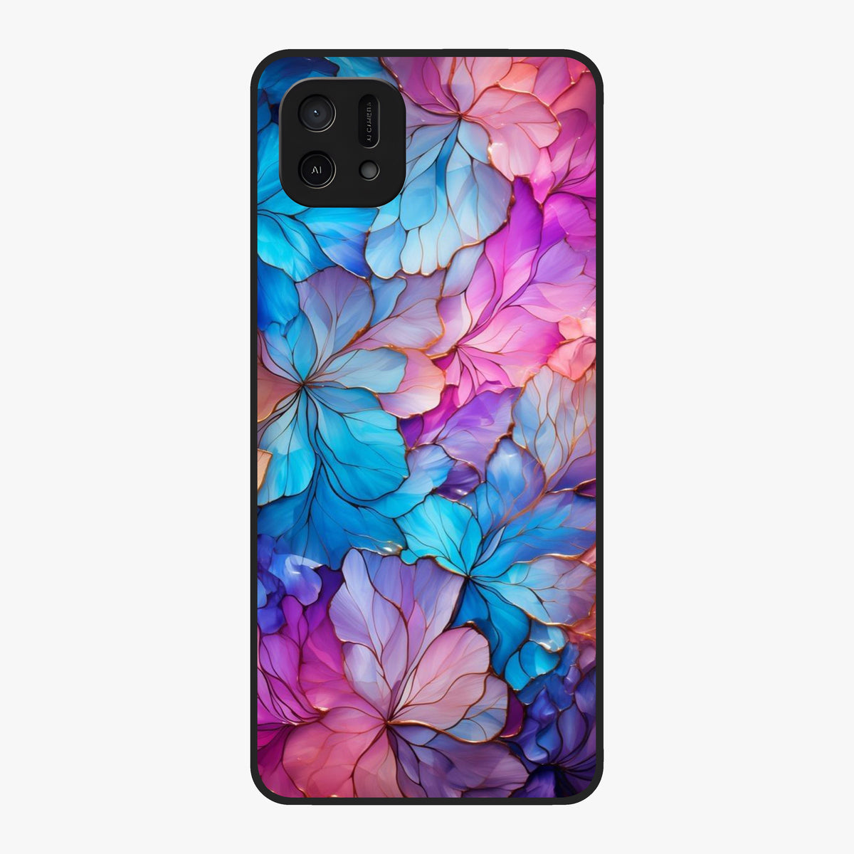 Radiant Floral Whirl Glass Case showing flat back view with swirling floral artwork and glossy glass finish.