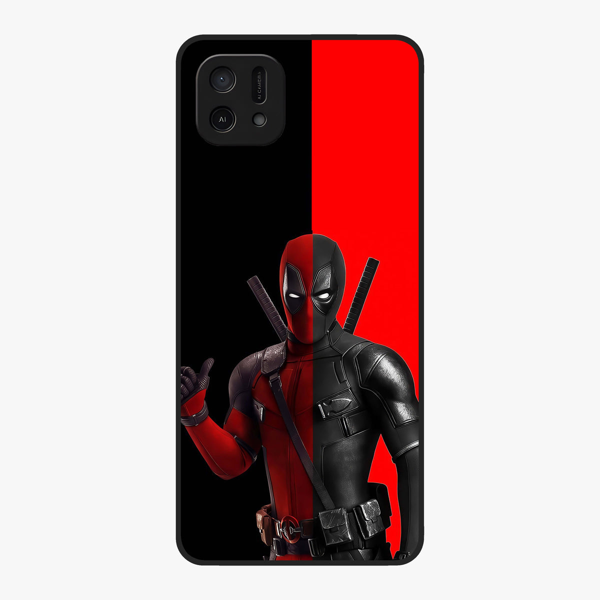 Red & Black Deadpool Theme Glass Case showing flat back view with bold comic inspired artwork and glossy glass finish.
