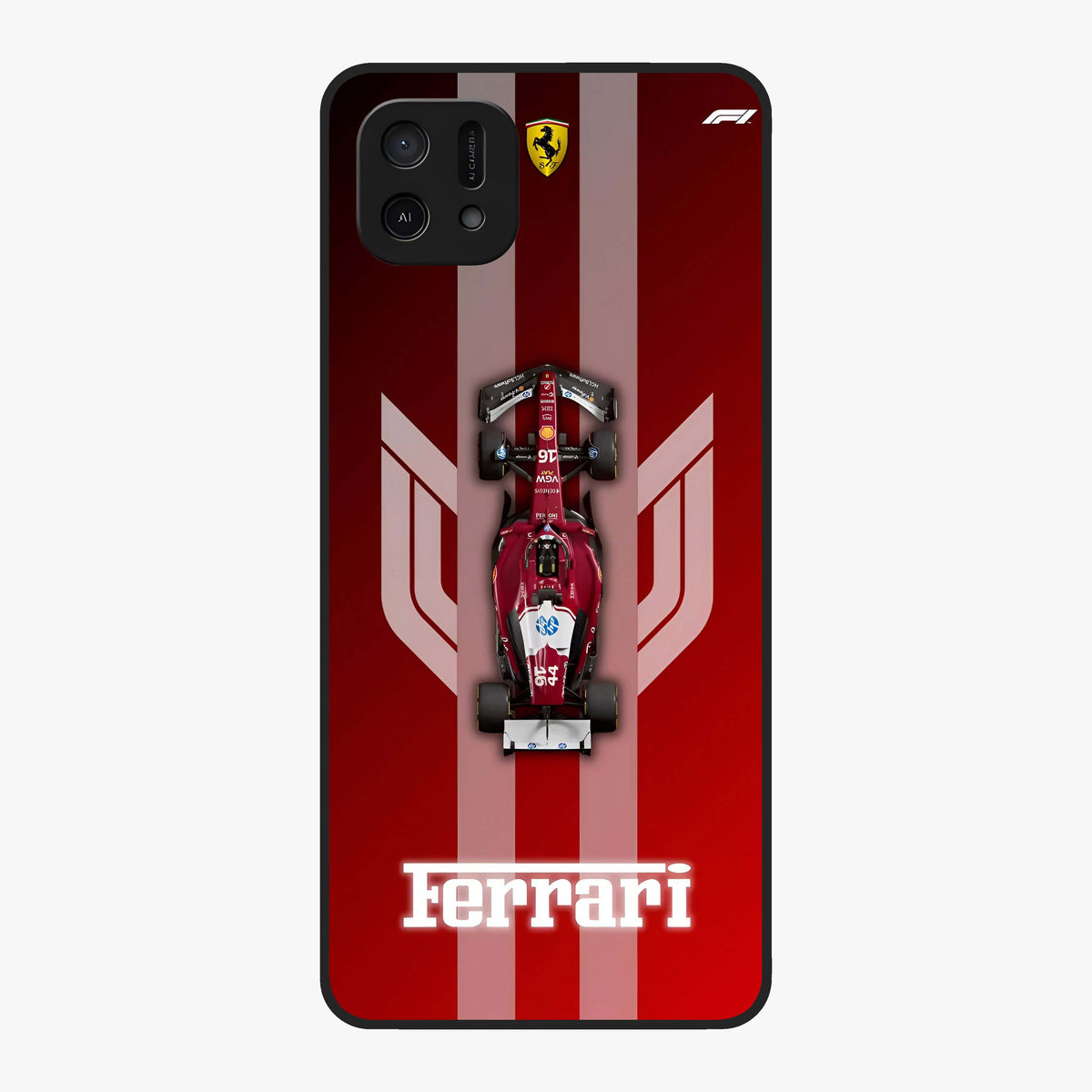 Red Ferrari F1 Vertical Glass Case showing flat back view with sleek Formula racing car artwork and glossy glass finish.