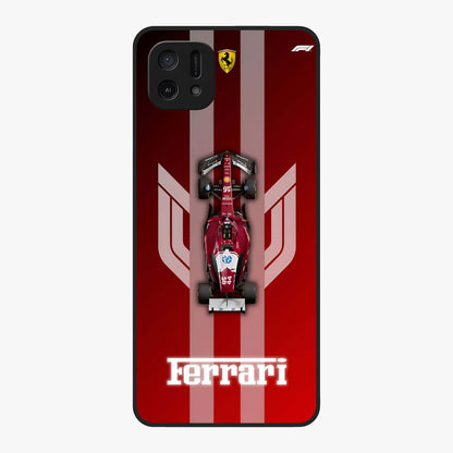 Red Ferrari F1 Vertical Glass Case showing flat back view with sleek Formula racing car artwork and glossy glass finish.