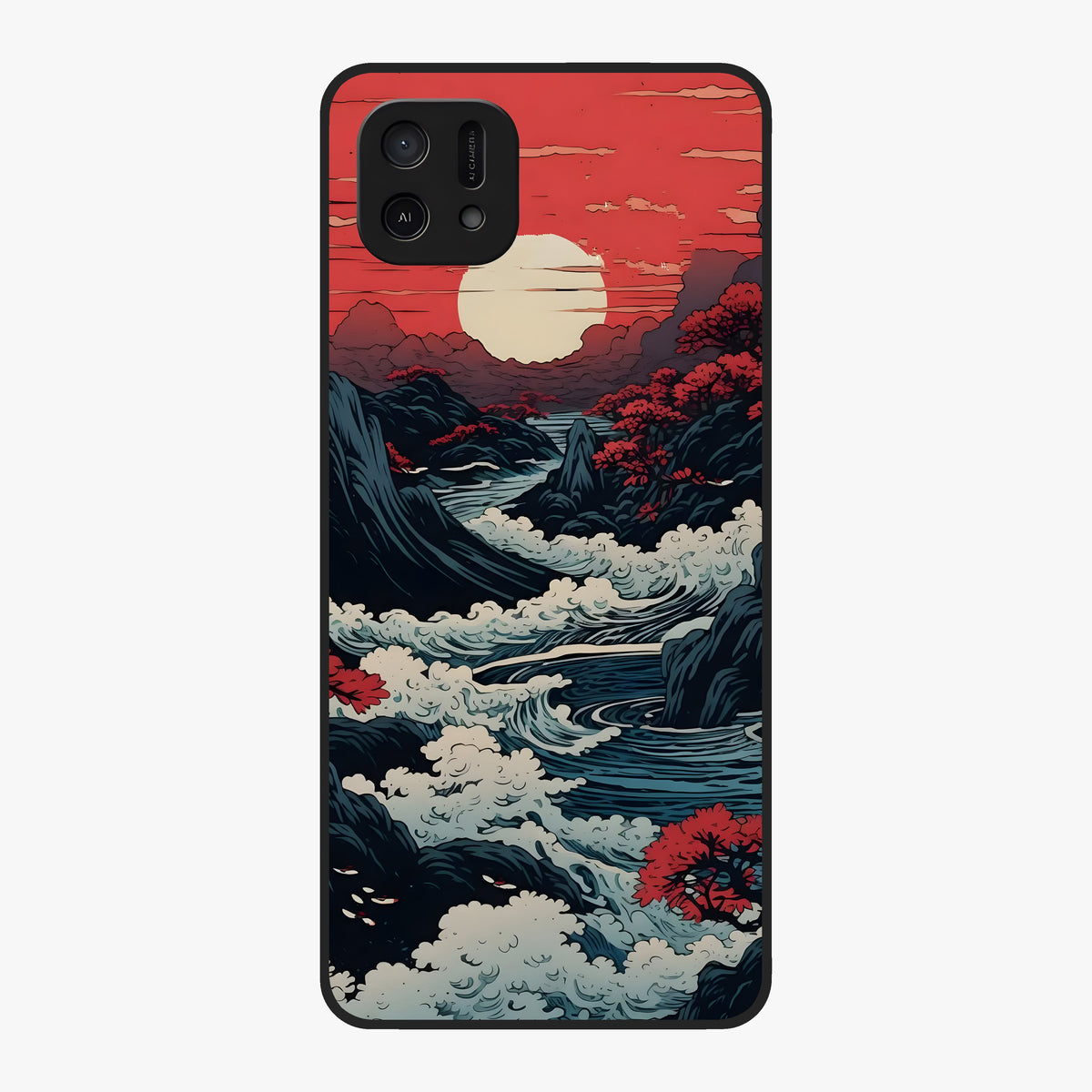 Red Sunset Scenery Glass Case showing flat back view with vibrant sunset landscape artwork and glossy glass finish.