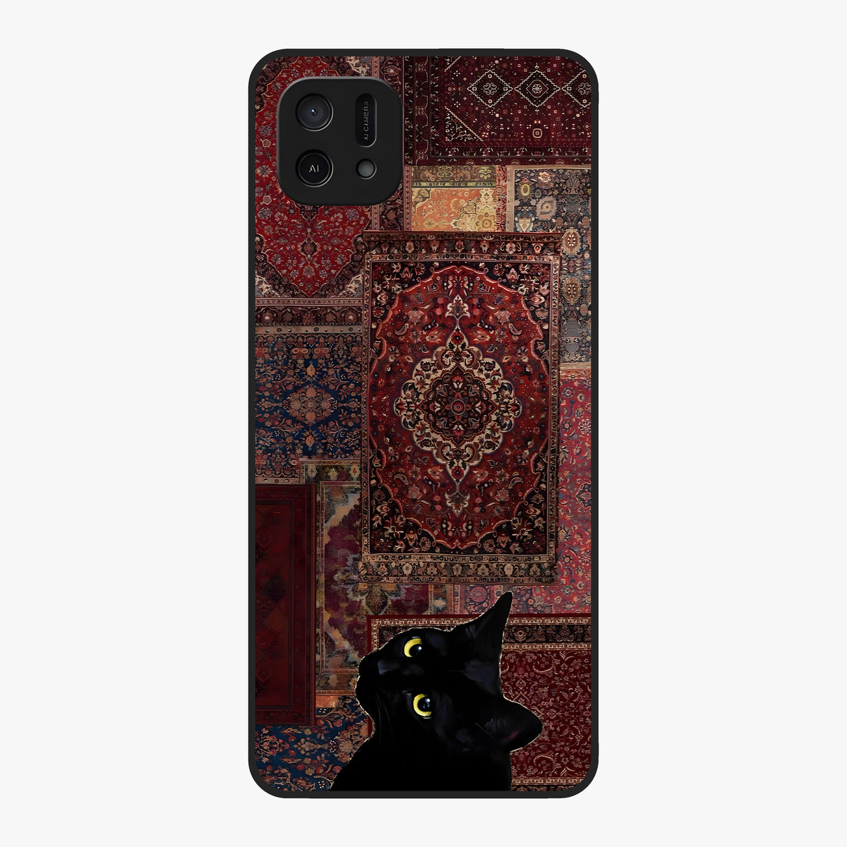 Regal Magic Cat Apple Glass Case showing flat back view with magical cat artwork holding apple and glossy glass finish.