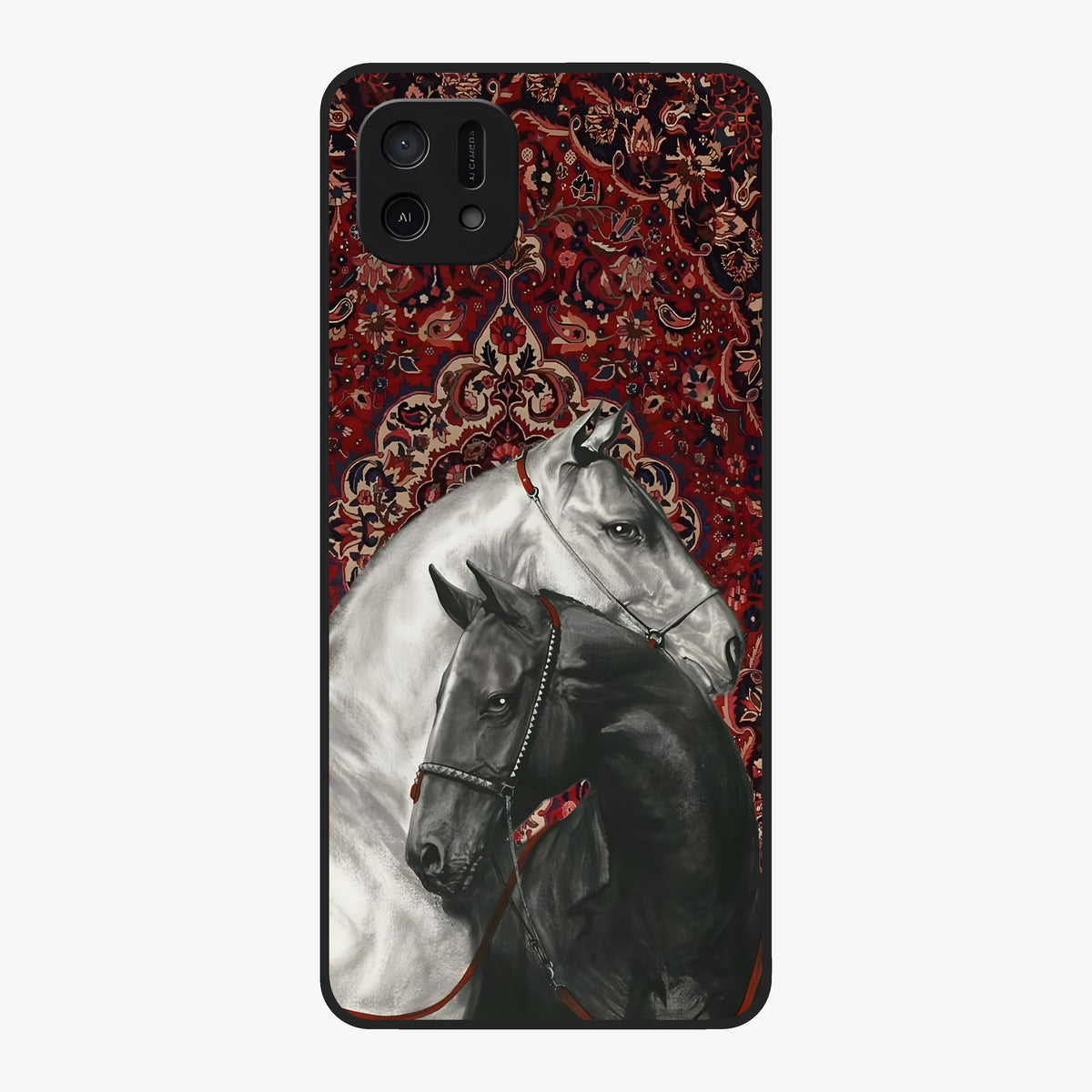 Regal Stallion Tapestry Glass Case showing flat back view with majestic horse tapestry artwork and glossy glass finish.