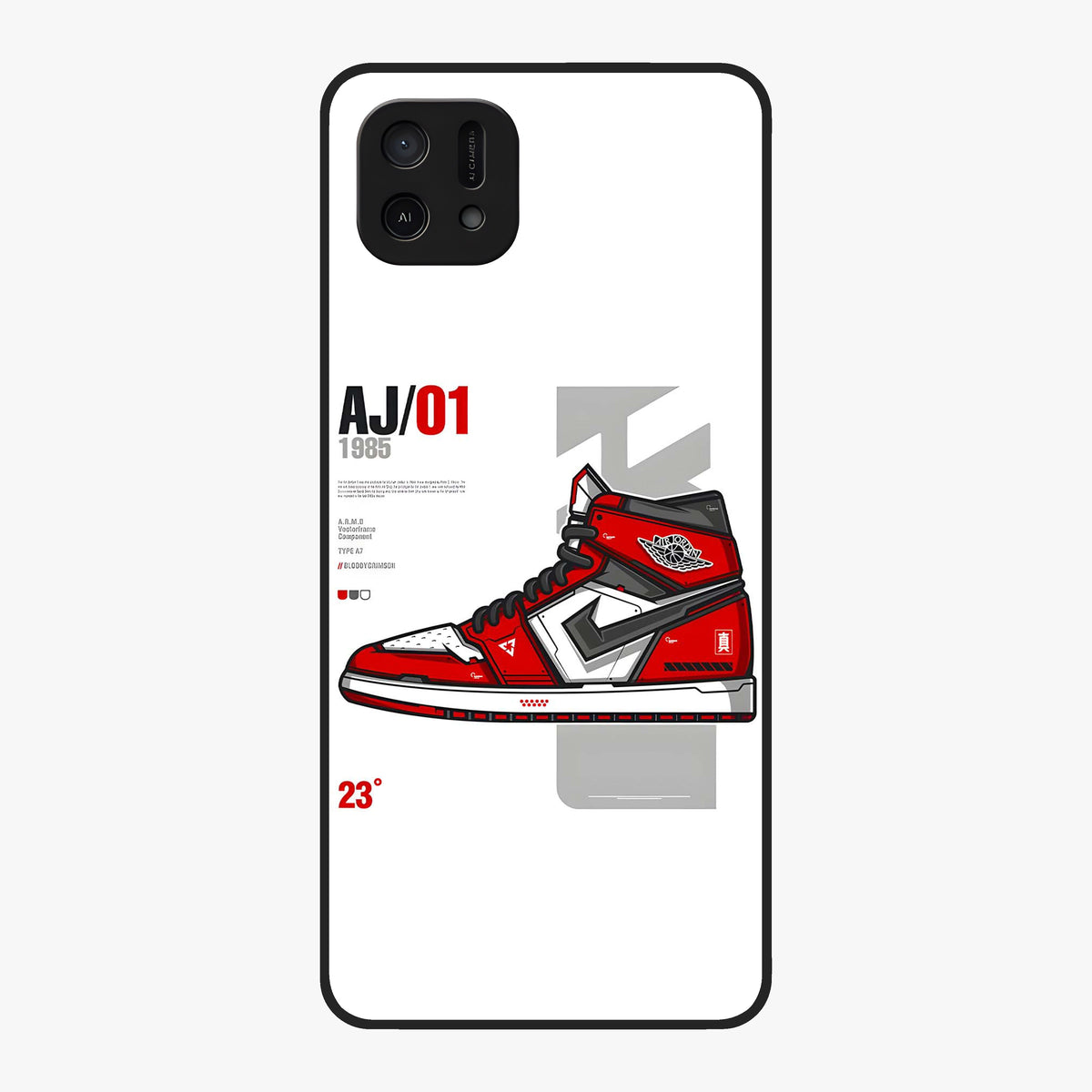 Retro Sneaker Blueprint Glass Case showing flat back view with sneaker blueprint style artwork and glossy glass finish.