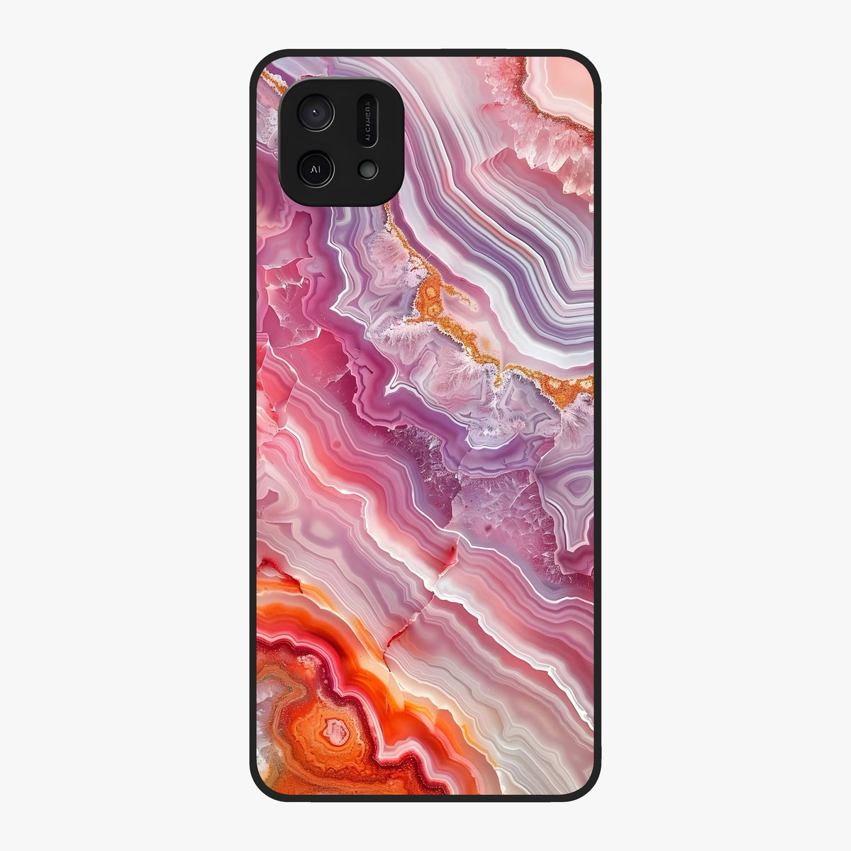 Rose Quartz Marble Glass Case showing flat back view with pink marble quartz texture artwork and glossy glass finish.