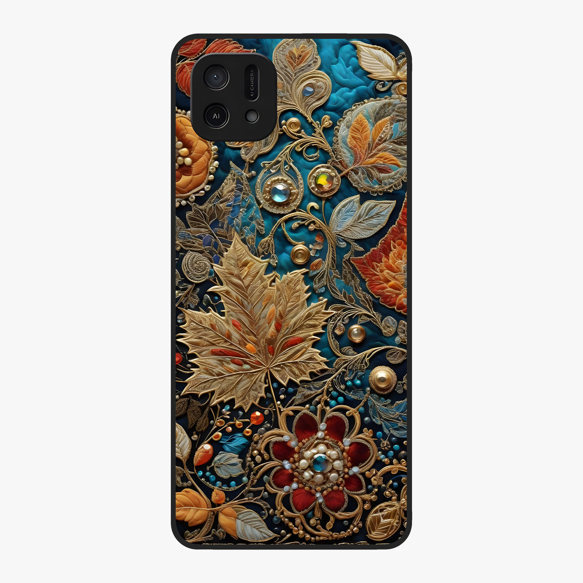 Royal Jewel Garden Glass Case showing flat back view with decorative floral garden artwork and glossy glass finish.