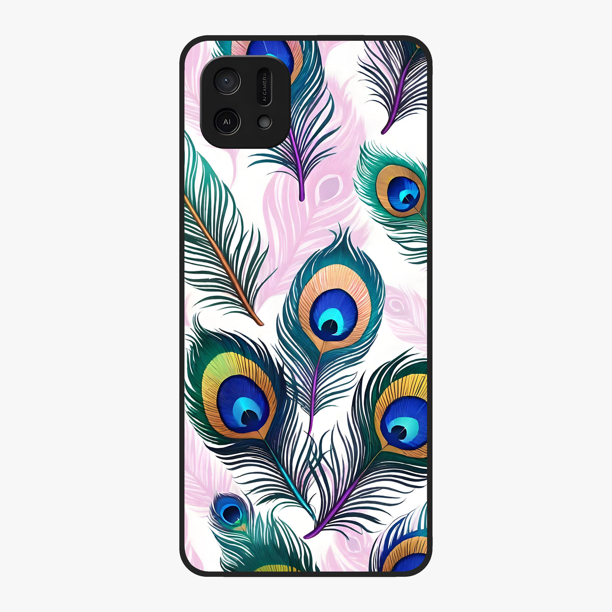 Royal Peacock Feathers Glass Case showing flat back view with colorful peacock feather artwork and glossy glass finish.