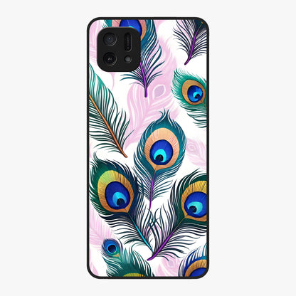 Royal Peacock Feathers Glass Case showing flat back view with colorful peacock feather artwork and glossy glass finish.