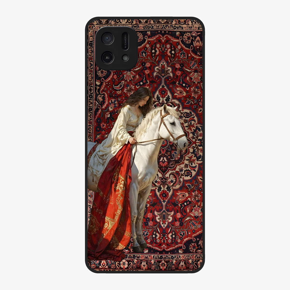 Royal Rider Tapestry Glass Case showing flat back view with majestic horse rider tapestry artwork and glossy glass finish.