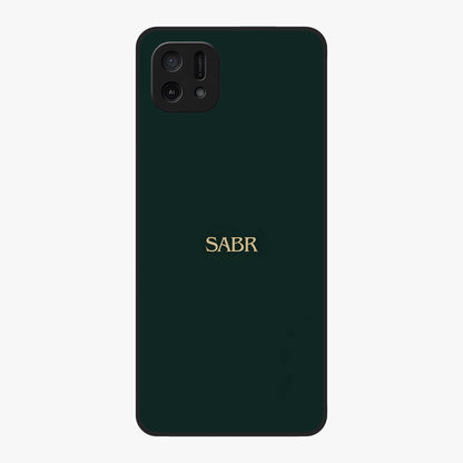 Sabr Minimal Patience Glass Case showing flat back view with minimalist typography artwork and glossy glass finish.