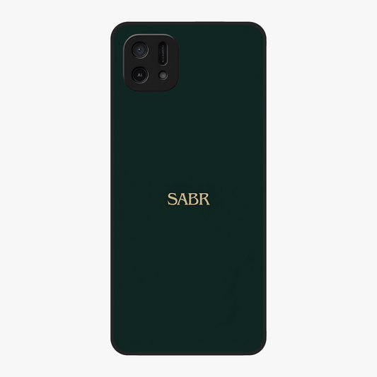 Sabr Minimal Patience Glass Case showing flat back view with minimalist typography artwork and glossy glass finish.
