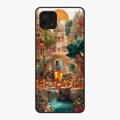 Sacred Sunlight Gods Glass Case showing flat back view with divine sunlight themed artwork and glossy glass finish.