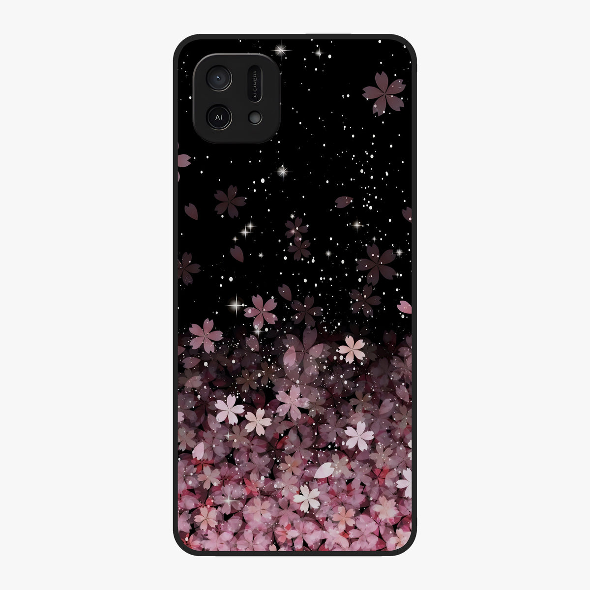 Small Starry Flowers Glass Case showing flat back view with delicate starry floral artwork and glossy glass finish.