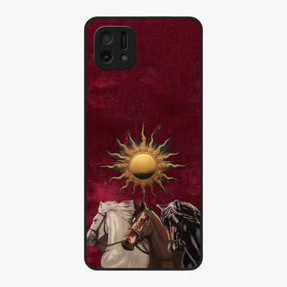 Solar Riders Glass Case showing flat back view with dynamic rider themed artwork and glossy glass finish.