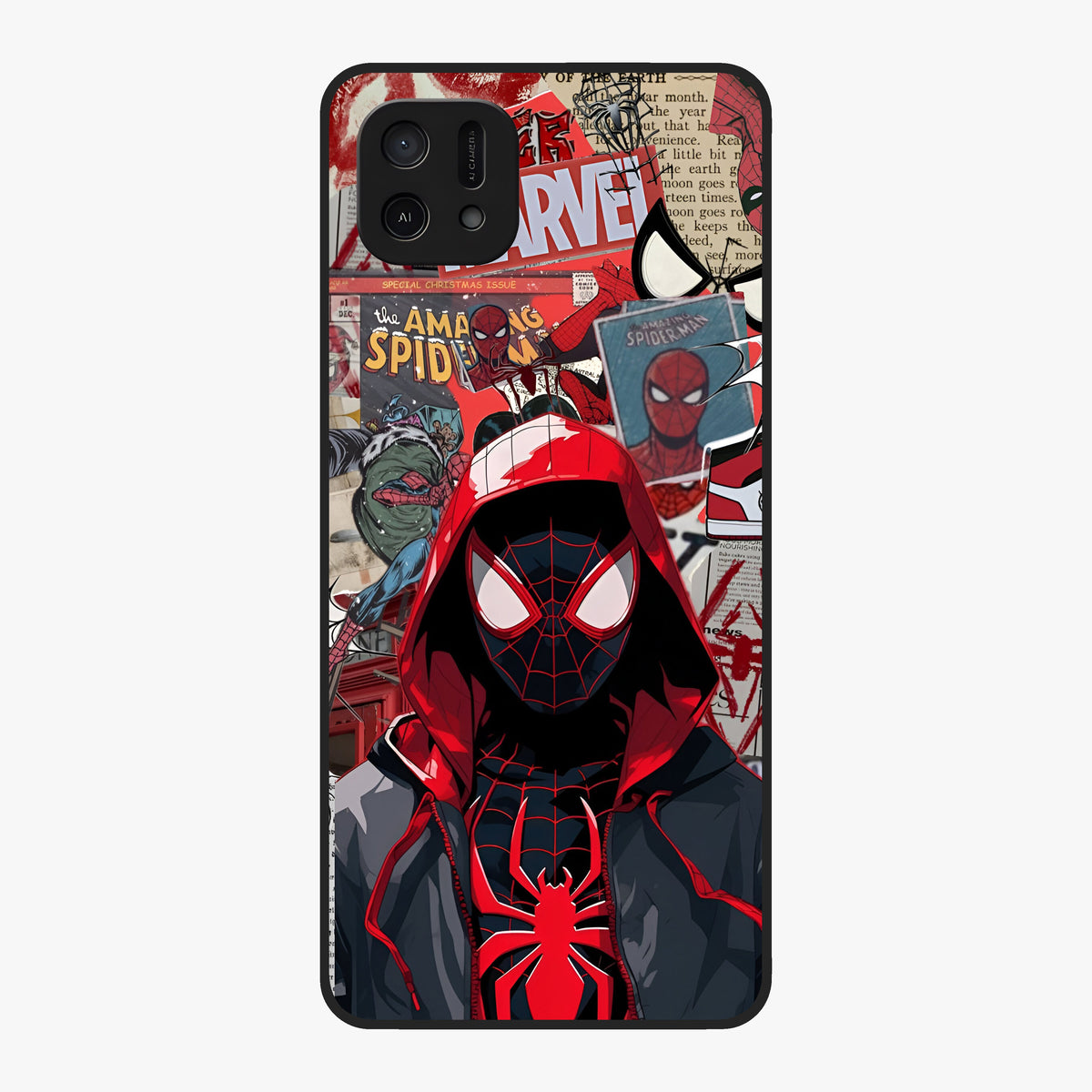Spider Collage Street Glass Case showing flat back view with vibrant superhero collage artwork and glossy glass finish.