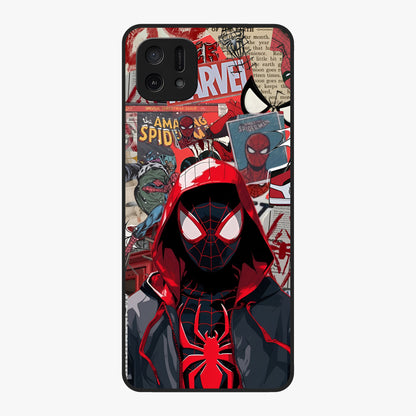 Spider Collage Street Glass Case showing flat back view with vibrant superhero collage artwork and glossy glass finish.