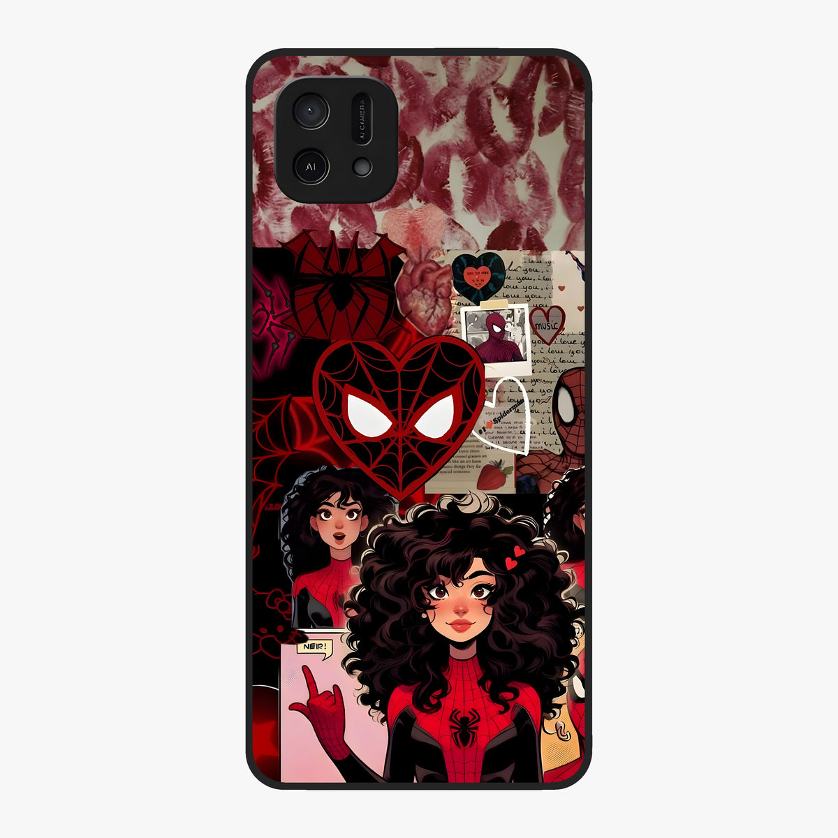Spider Love Story Glass Case showing flat back view with romantic superhero themed artwork and glossy glass finish.