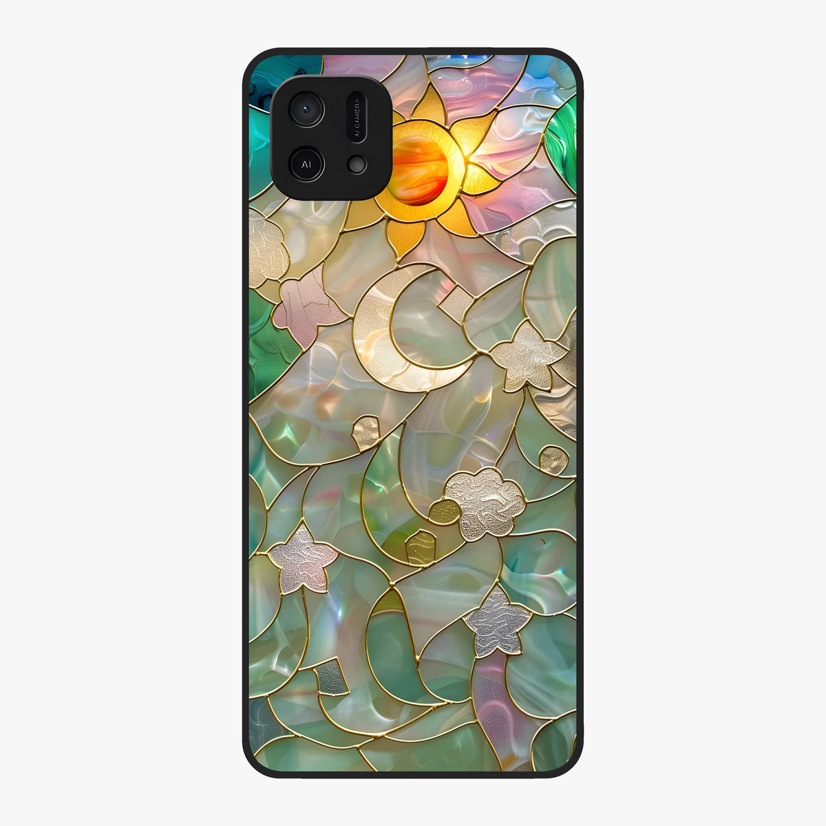 Stained Sunrise Glow Glass Case showing flat back view with glowing sunrise stained pattern artwork and glossy glass finish.
