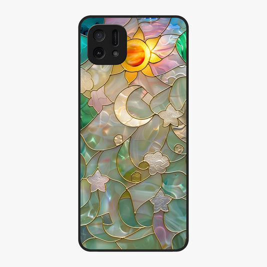 Stained Sunrise Glow Glass Case showing flat back view with glowing sunrise stained pattern artwork and glossy glass finish.