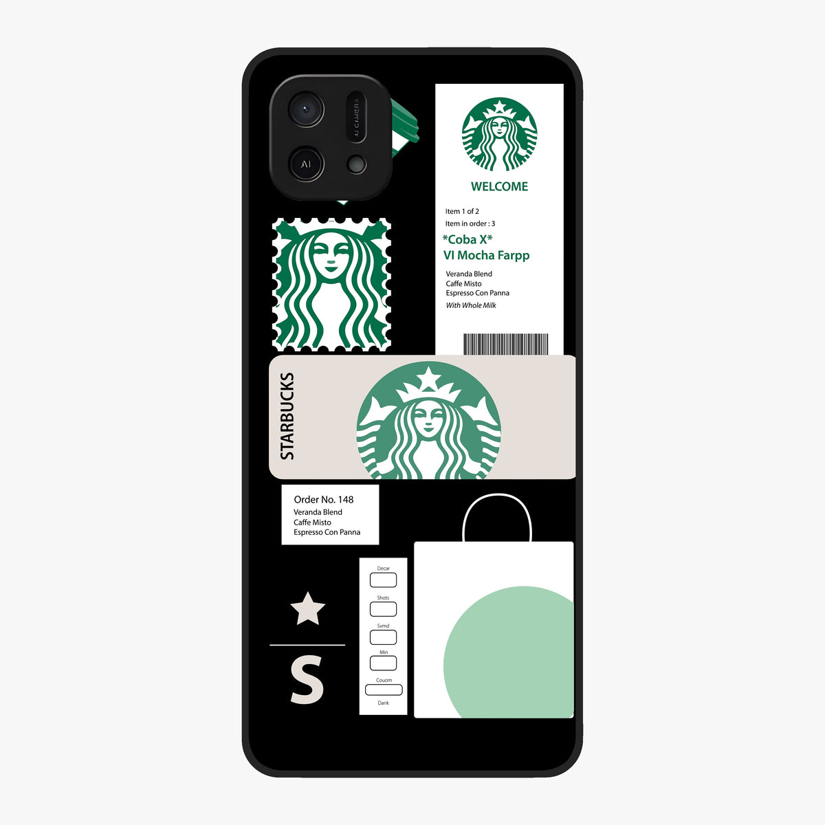 Starbucks Mocha Glass Case showing flat back view with coffee inspired artwork and glossy glass finish.