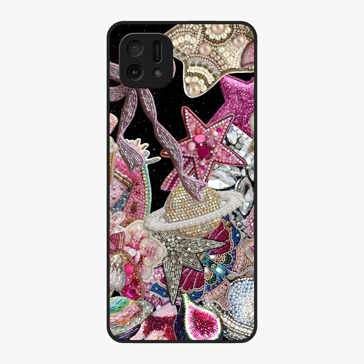 Starlit Jewel Dream Glass Case showing flat back view with sparkling jewel and star themed artwork and glossy glass finish.