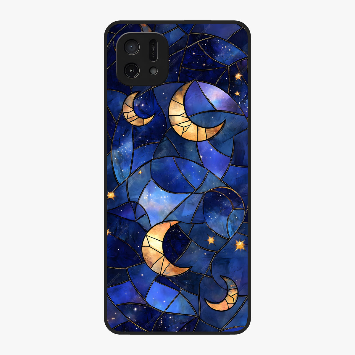 Starlit Sky Tapestry Glass Case showing flat back view with decorative starry sky tapestry artwork and glossy glass finish.