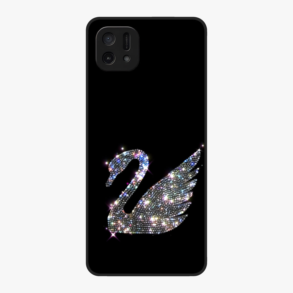 Starlit Swan Grace Glass Case showing flat back view with graceful swan artwork under starry sky and glossy glass finish.
