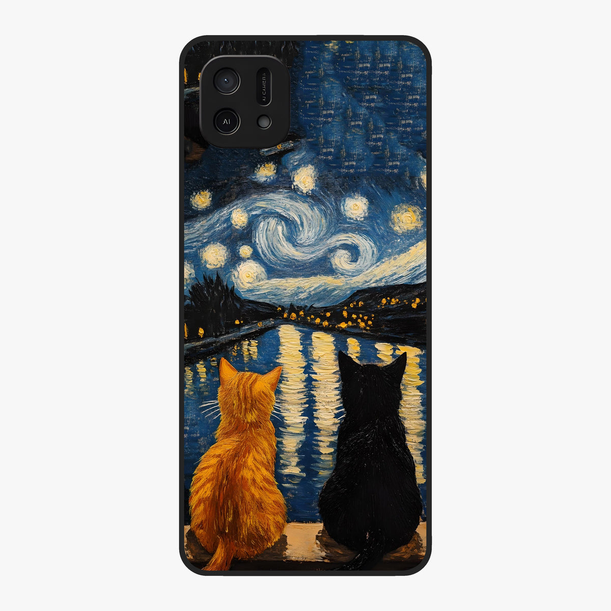 Starry River Cats Glass Case showing flat back view with cats by a starry river artwork and glossy glass finish.