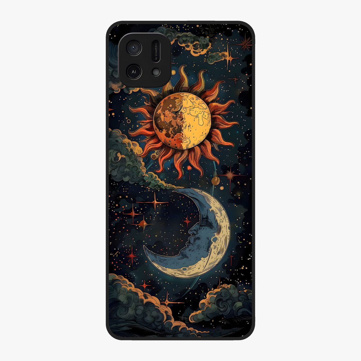 Sun And Moon Magic Design Glass Case showing flat back view with mystical sun and moon artwork and glossy glass finish.