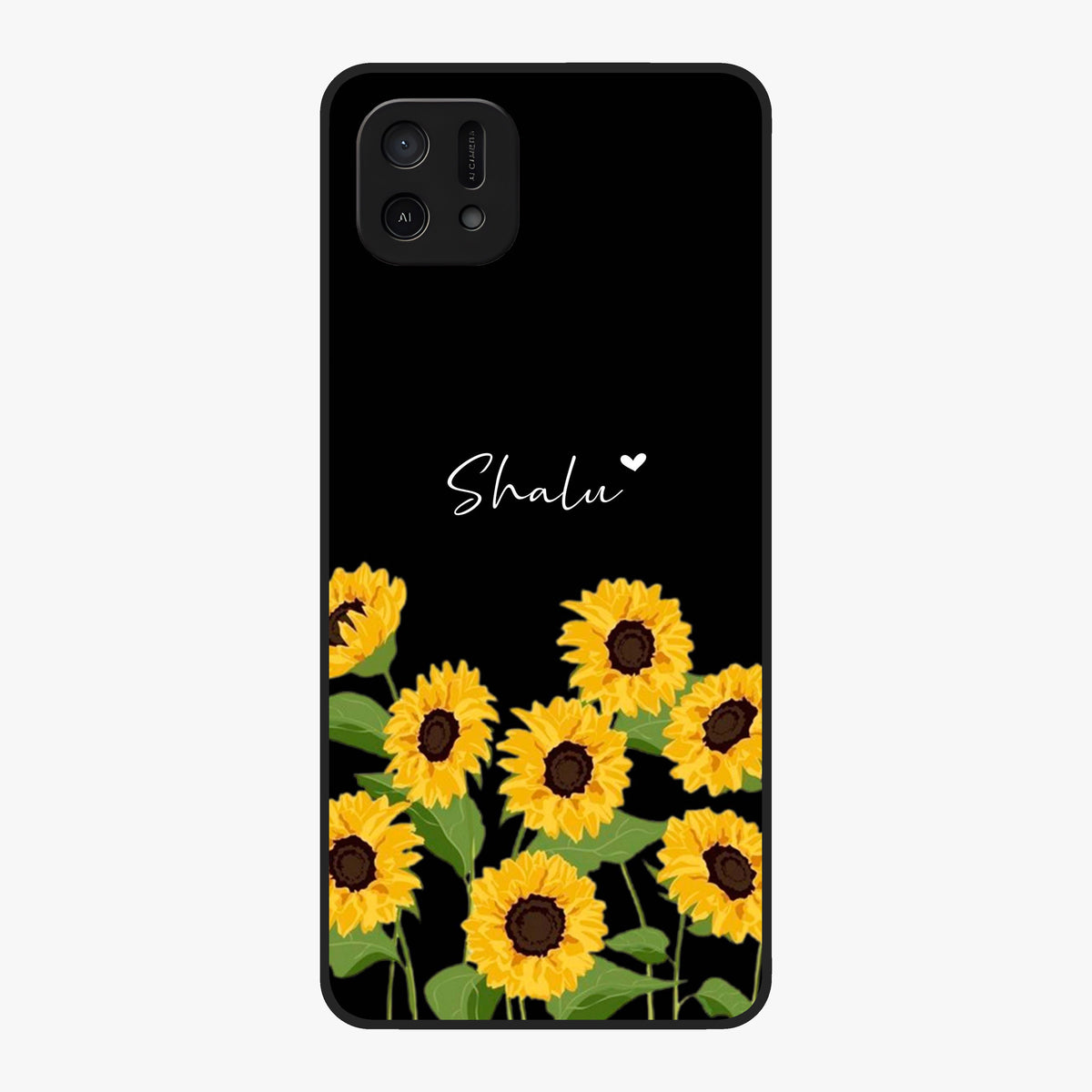 Sunflower Chic Mood Custom Name Glass Case showing flat back view with stylish sunflower artwork and personalized name design.