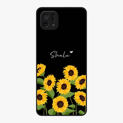 Sunflower Chic Mood Custom Name Glass Case showing flat back view with stylish sunflower artwork and personalized name design.