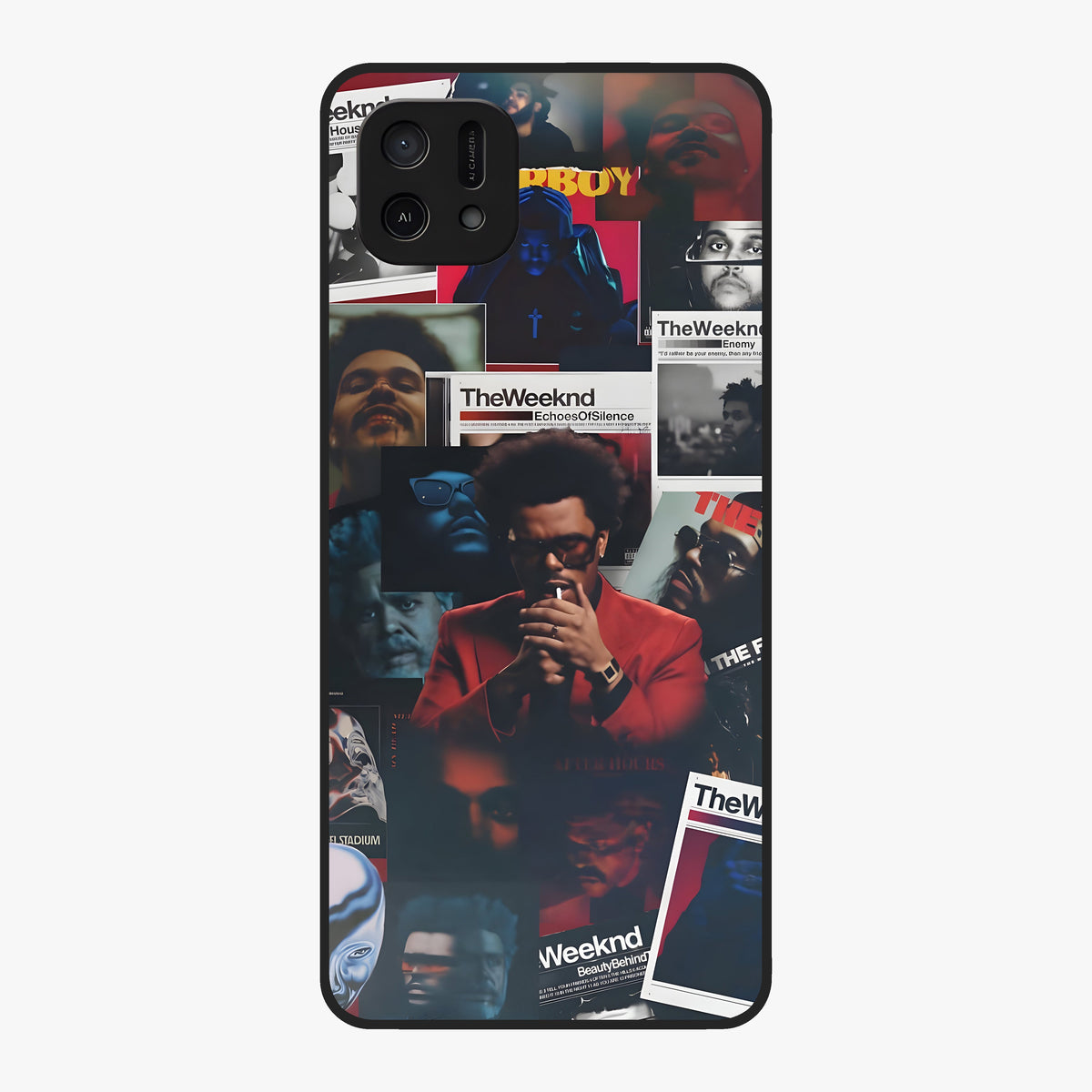 The Weeknd Glass Case showing flat back view with music inspired artistic portrait artwork and glossy glass finish.