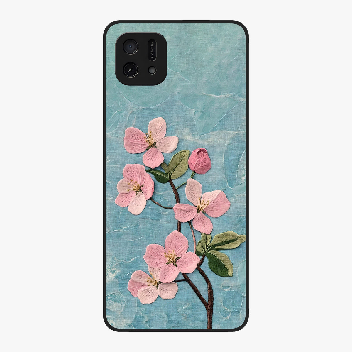 Threaded Blossom Breeze Glass Case showing flat back view with delicate blossom artwork and glossy glass finish.