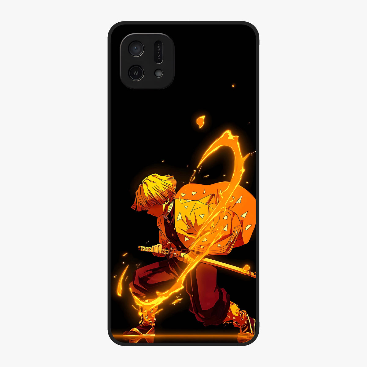 Thunder Flame Execution Glass Case showing flat back view with powerful flame and lightning artwork and glossy glass finish.