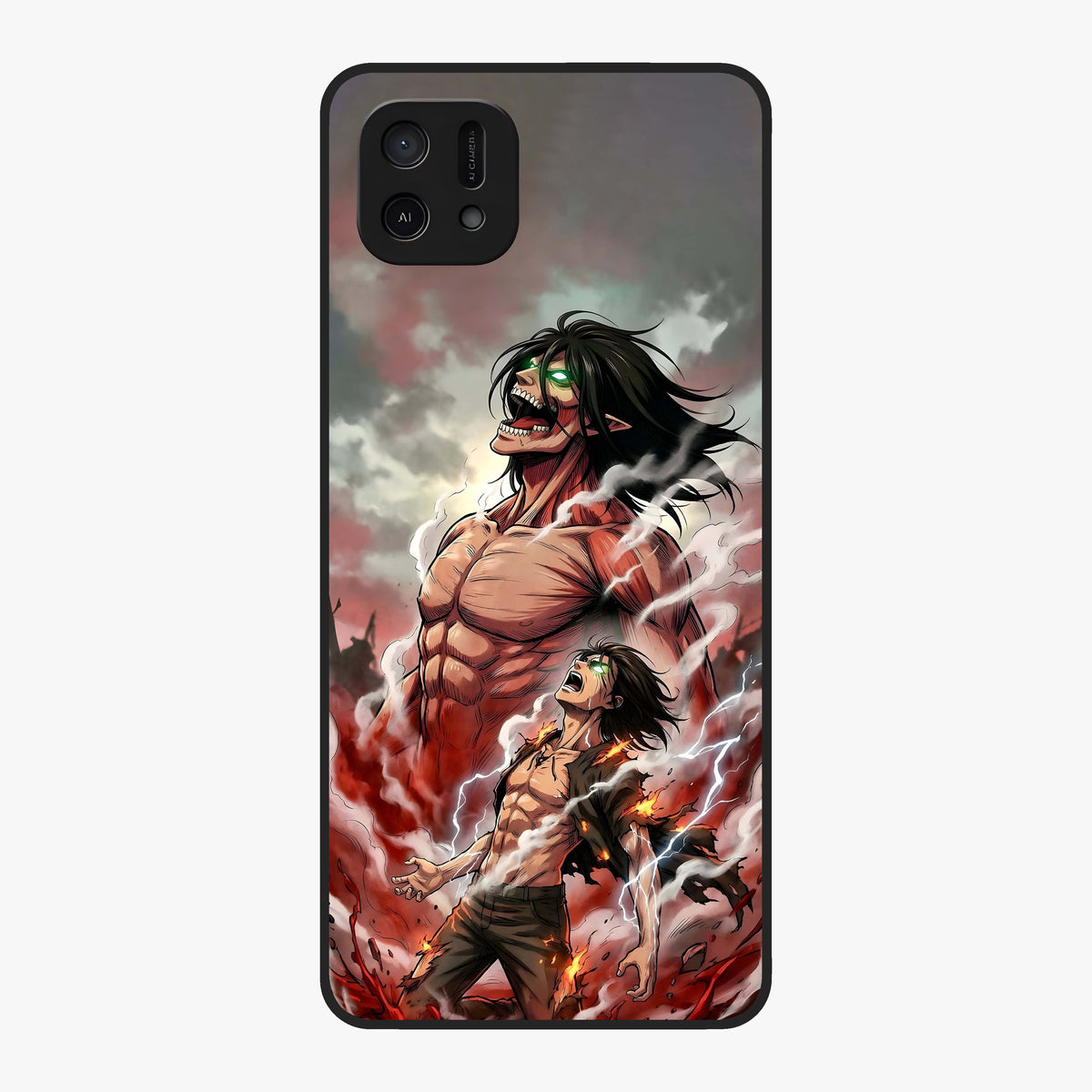 Titan Awakening Fury Glass Case showing flat back view with powerful titan inspired artwork and glossy glass finish.