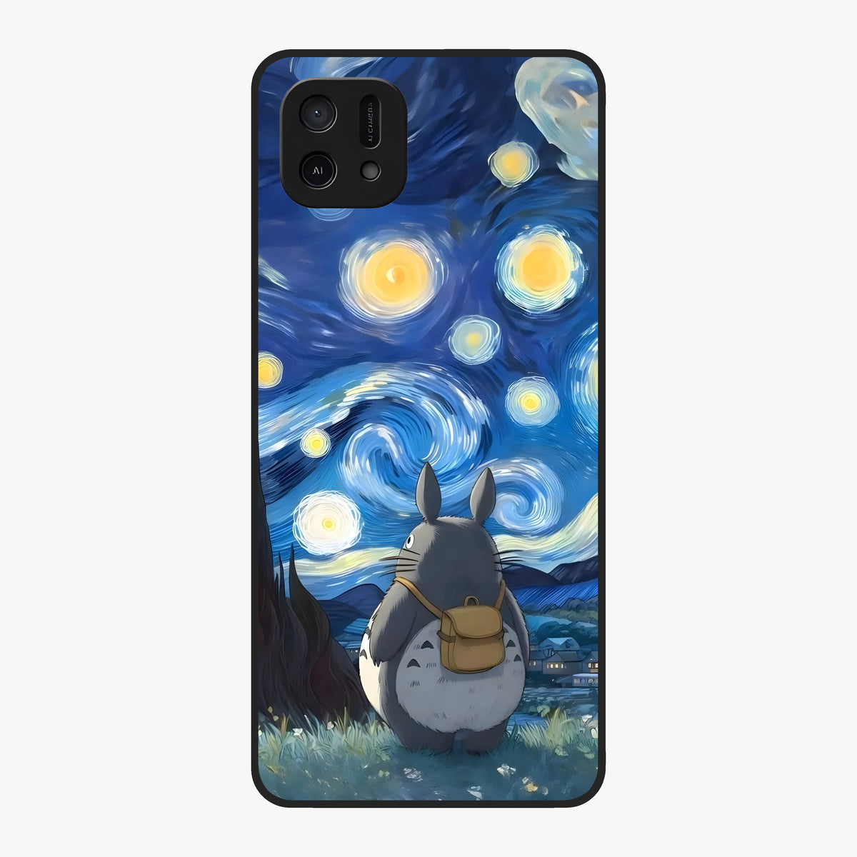 Totoro In Van Gogh Art Glass Case showing flat back view with whimsical character artwork inspired by Van Gogh style and glossy glass finish.