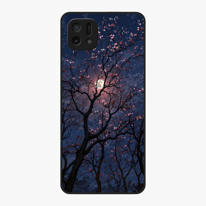 Twilight Sakura Serenade Glass Case showing flat back view with cherry blossom artwork at twilight and glossy glass finish.