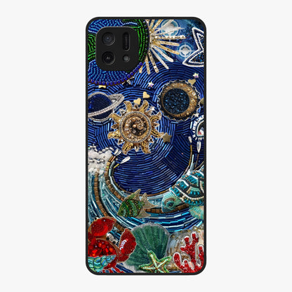 Universe Underwater Spark Glass Case showing flat back view with cosmic underwater themed artwork and glossy glass finish.