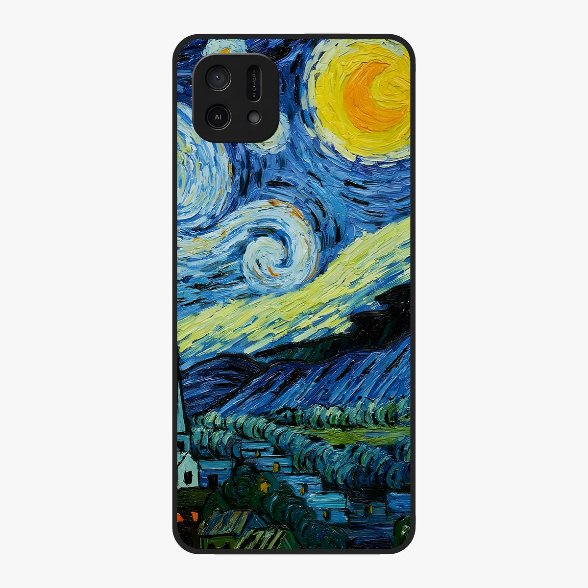Van Gogh Art Glass Case showing flat back view with classic painterly artwork inspired by Van Gogh style and glossy glass finish.