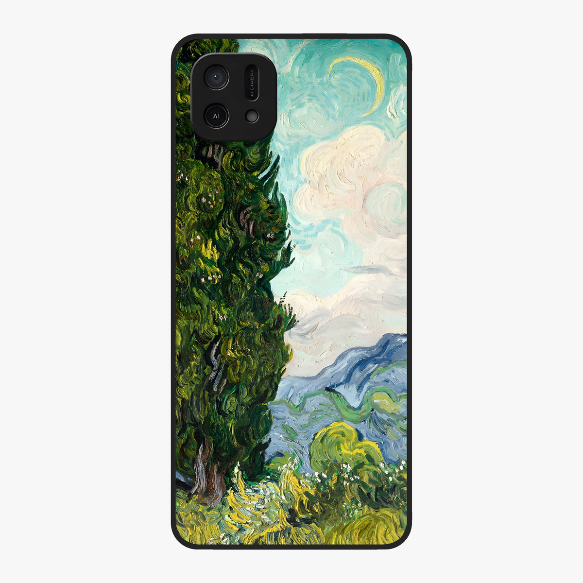 Van Gogh Vintage Art Glass Case showing flat back view with vintage painterly artwork inspired by Van Gogh style and glossy glass finish.