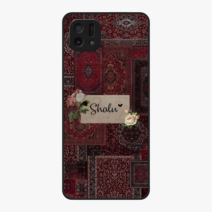 Velvet Wine Pattern Custom Name Glass Case showing flat back view with elegant wine colored pattern artwork and personalized name design.