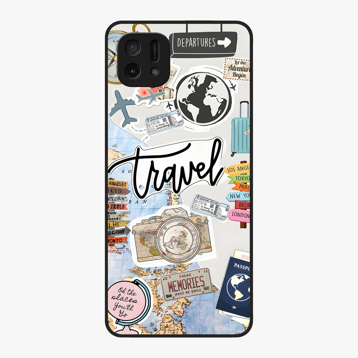 Wanderlust Journal Glass Case showing flat back view with travel inspired artwork and glossy glass finish.