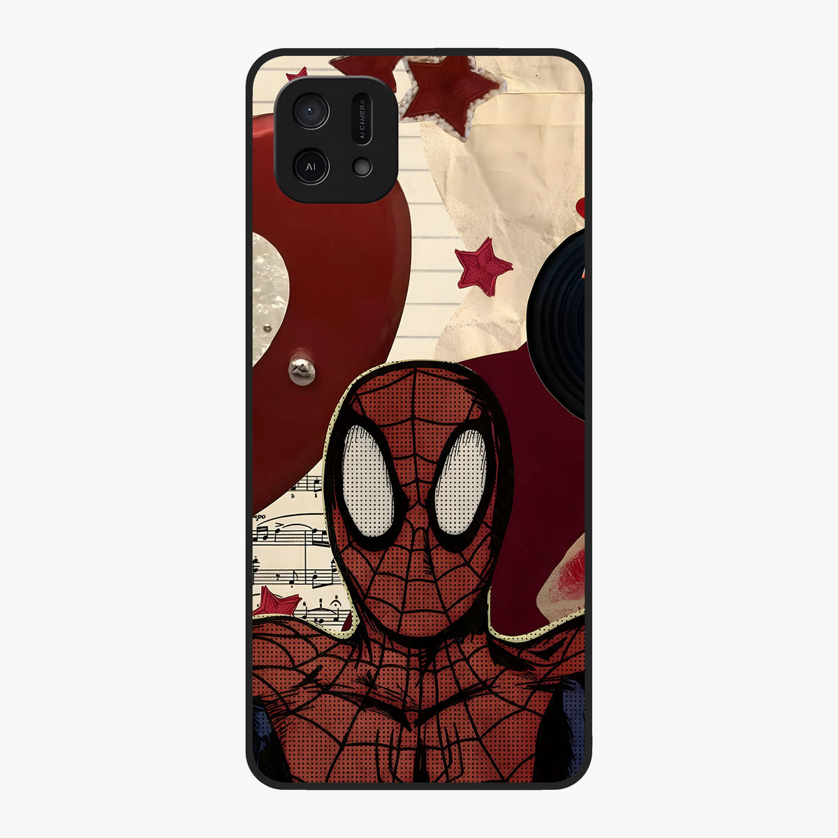 Web Warrior Vibes Glass Case showing flat back view with superhero inspired web themed artwork and glossy glass finish.