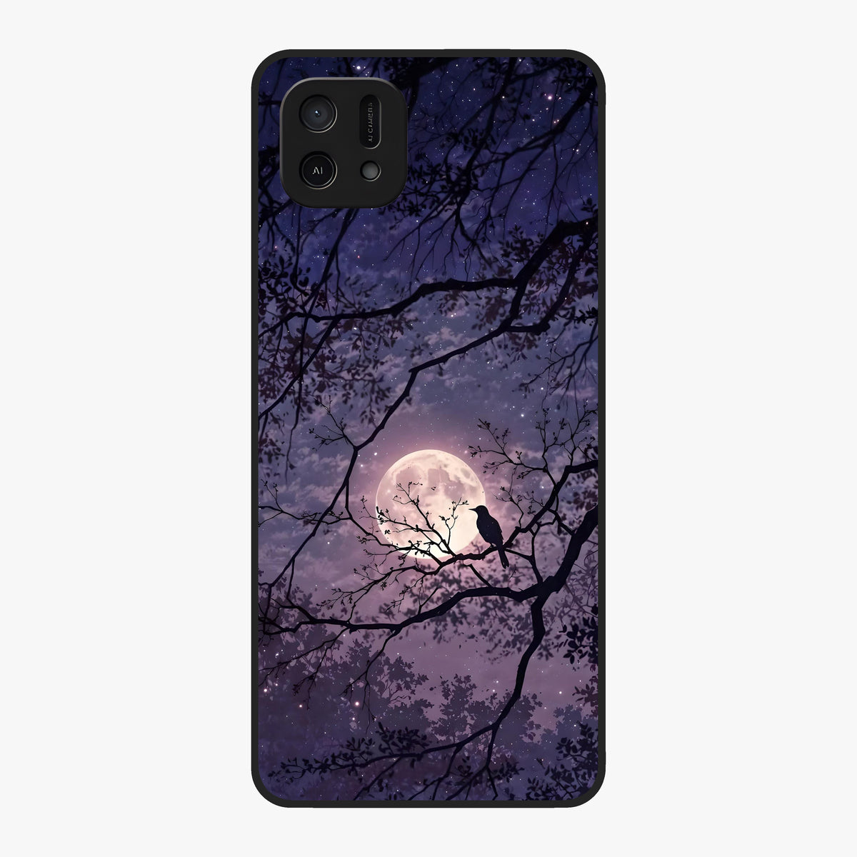 Whispering Moon Silence Glass Case showing flat back view with serene moon themed artwork and glossy glass finish.