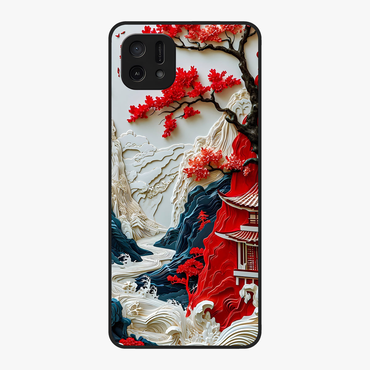 Whispers Of Sakura Waves Glass Case showing flat back view with cherry blossom wave artwork and glossy glass finish.