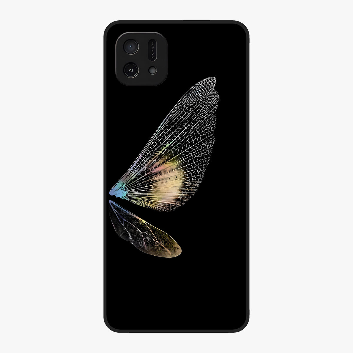 Whispers Of Wings Glass Case showing flat back view with graceful wing inspired artwork and glossy glass finish.