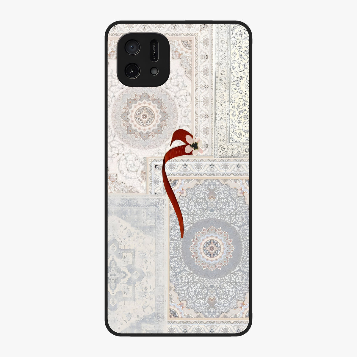 White Aesthetic Bow Glass Case showing flat back view with minimal bow artwork and glossy glass finish.