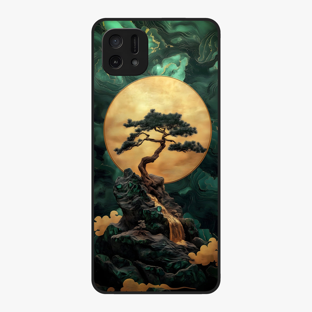 Zen Moon Rise Glass Case showing flat back view with calm moonrise artwork and glossy glass finish.
