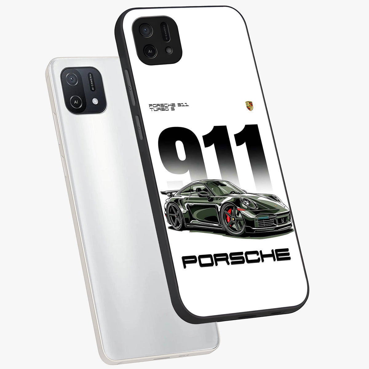 911 Turbo Dominance Glass Case displayed in premium angled mockup highlighting sporty car illustration and sleek glass surface.